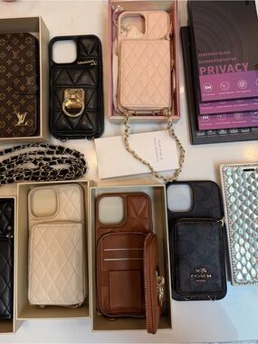 8 wallet iPhone cases 13ProMax, Quilted Leather Phone Cases with Chains -